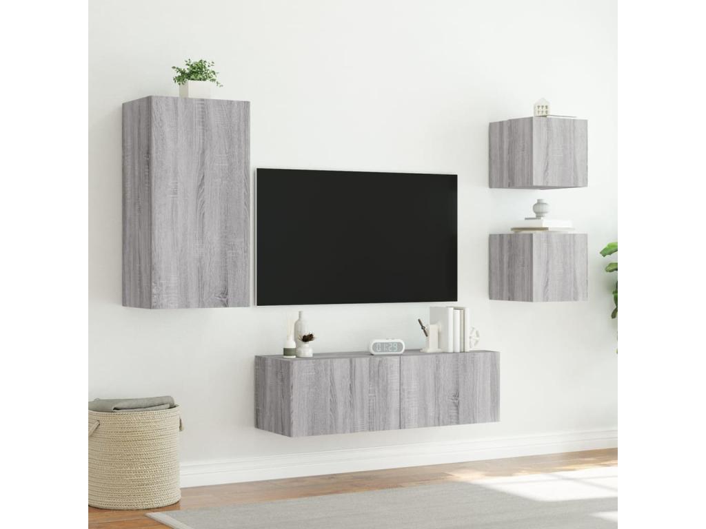 4-piece wall-mounted TV unit with Luxameubères LED lighting, grey, IDXH78450