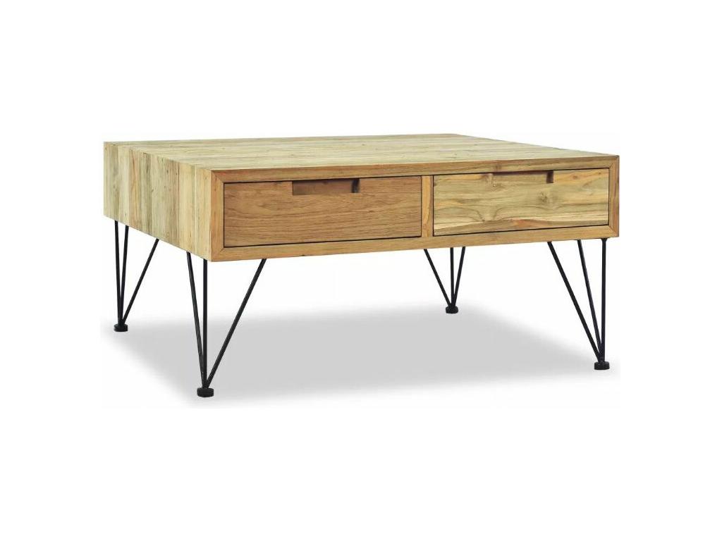 Cosymeub PGVI40675 Coffee Table with 2 Drawers, Solid Light Teak and Black Metal Legs