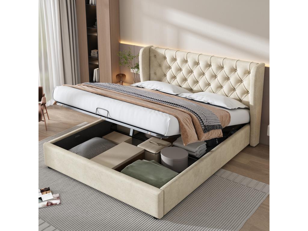 140x190 cm storage bed with headboard - velvet - wing shape - slatted base by Luxameub - beige OHTM62302