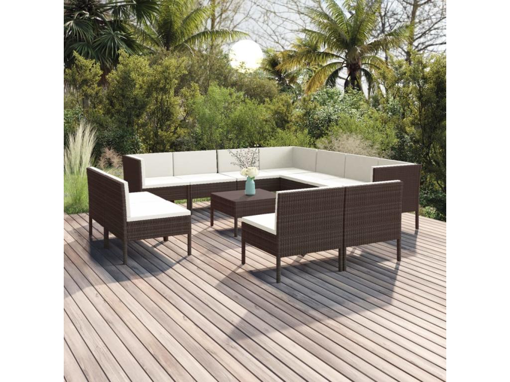 12-piece garden furniture set with cushions, brown woven resin, HXJG65885