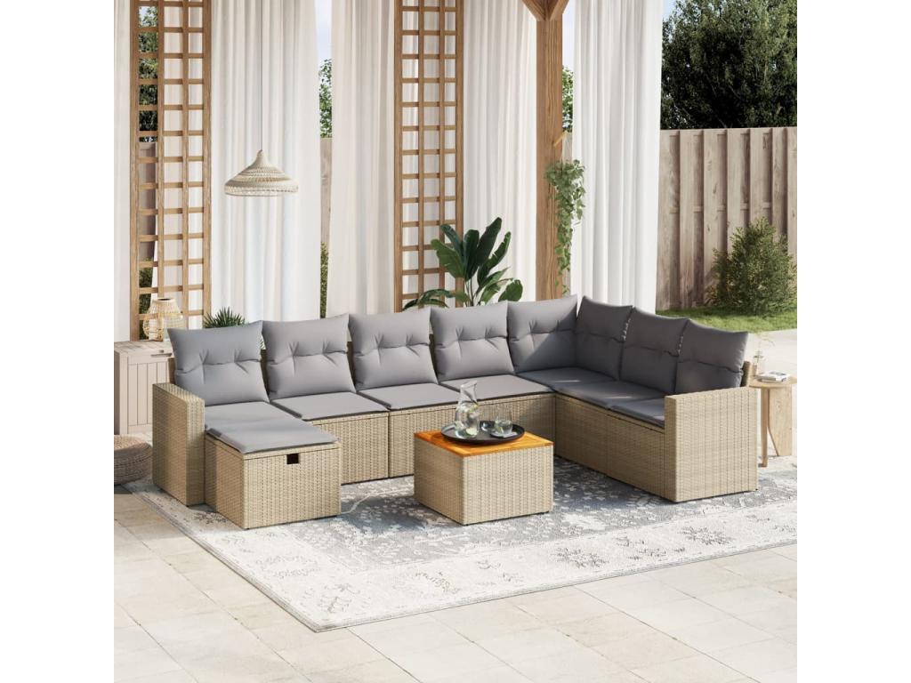9-piece garden furniture set with cushions, méLuxameub beige woven resin FWCX62463
