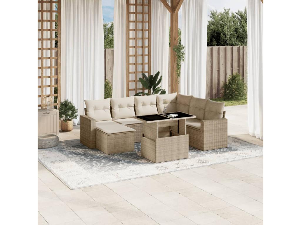 8-piece garden furniture set with cushions, beige woven resin, ULYD88785