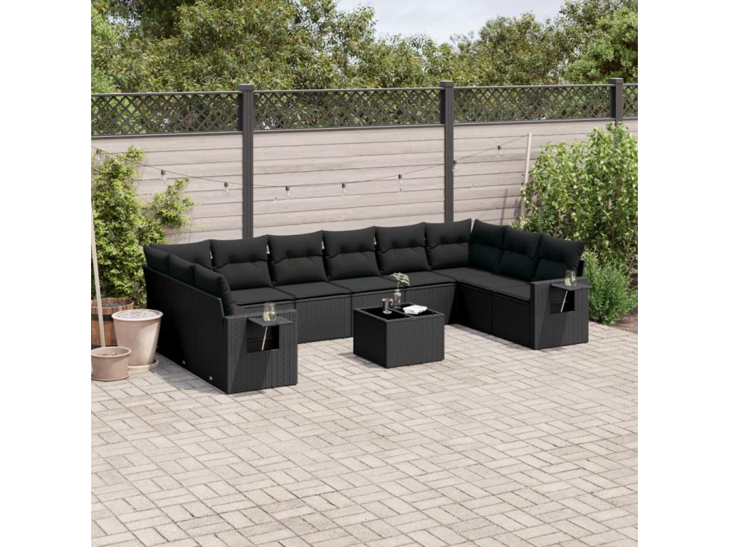 11-piece garden furniture set with cushions, black woven resin EBEF24569
