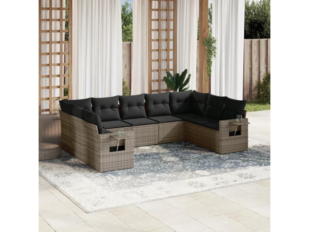9-piece garden furniture set with grey resin wicker cushions PCEH45647