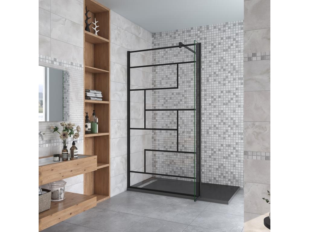 Walk-in shower screen 80 x 30 x 200 cm with pivoting return - Black - with 90 cm square support bar CYMK86137