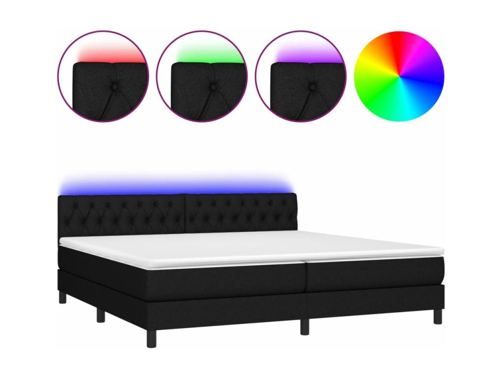 Upholstered bed base and mattress with LED lighting, black, 200x200 cm, fabric ZTBB61047
