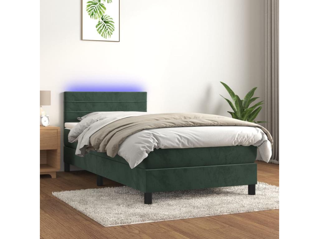 Upholstered bed base and mattress with LED lighting, dark green, 90x200cm, velvet, BWGW01496