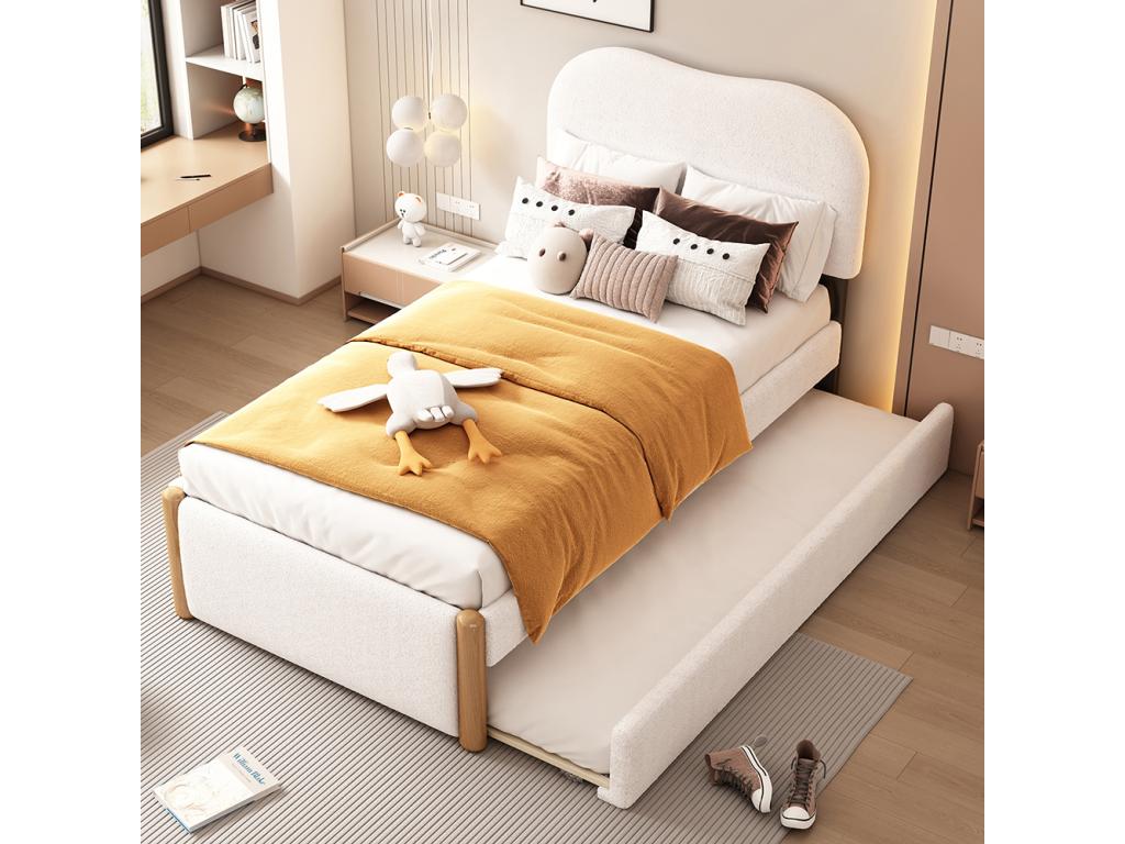 Children's bed, single bed 90x200 cm, upholstered bed with practical pull-out bed, white fabric SWXD56654