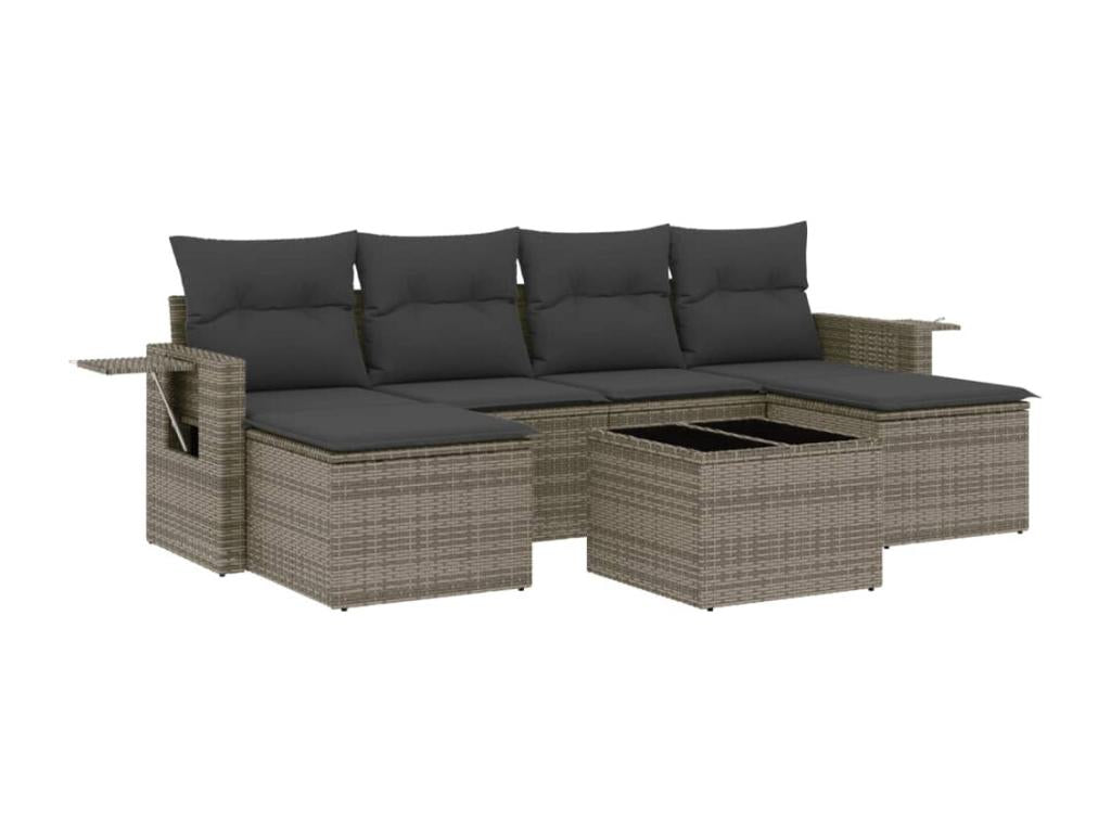 7-piece garden furniture set with cushions, grey woven resin FJFW90731
