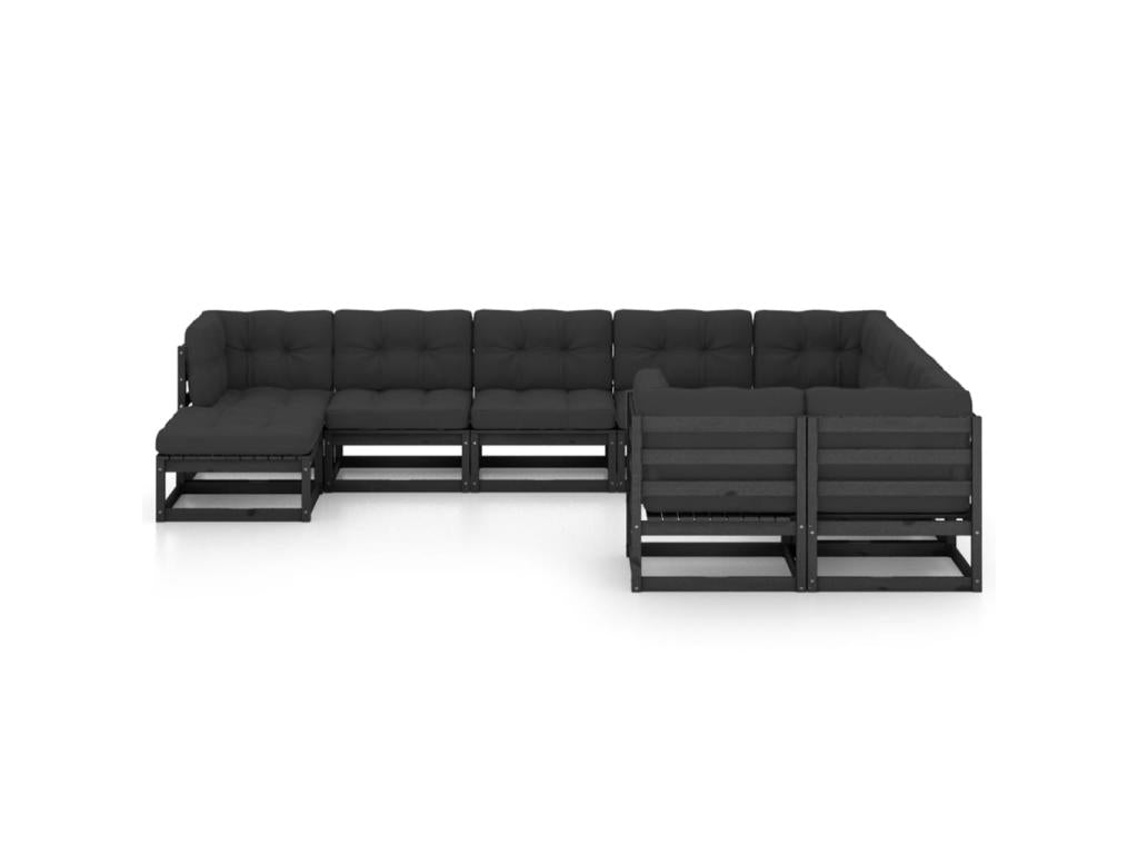 10-piece garden furniture set with cushions, black, solid pine wood, 26 CTFX66111