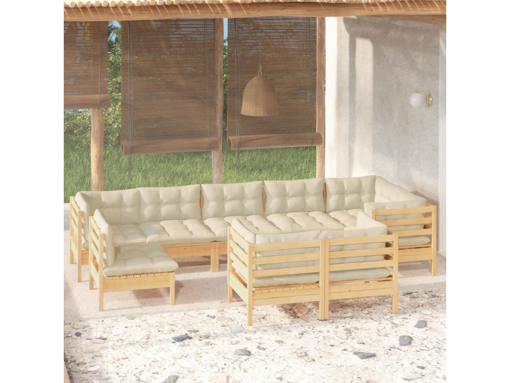 9-piece garden furniture set with cream cushions, solid pine wood, UTLO11316
