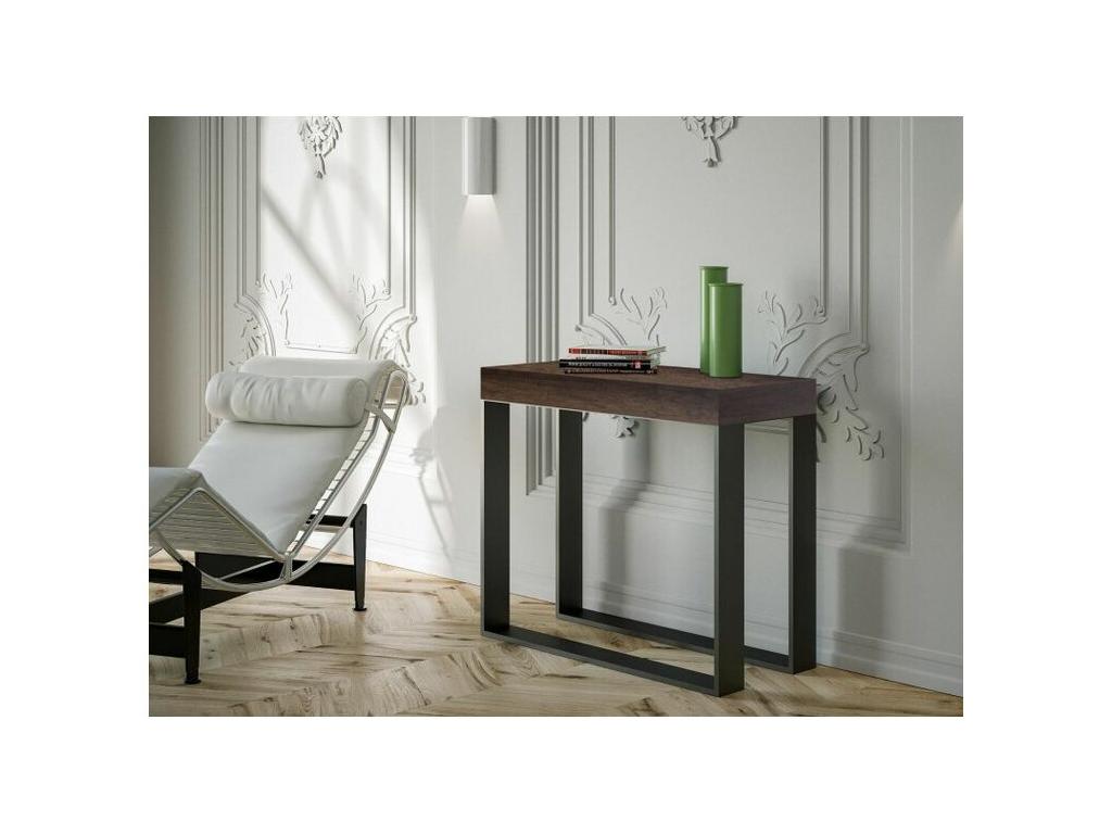 PINPAI extendable console table in wood with 2 anthracite steel legs, 90x40-196 or 90x40-300 cm, brown, with 4-leg support and 3 thick extensions, SOZJ12548
