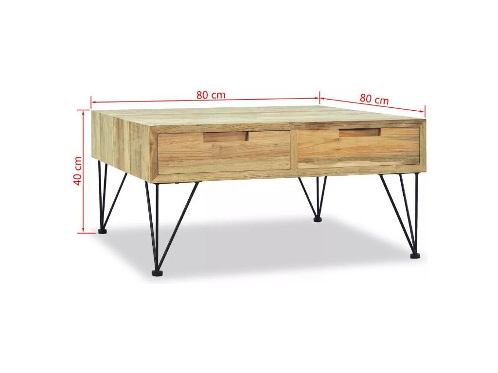 Cosymeub PGVI40675 Coffee Table with 2 Drawers, Solid Light Teak and Black Metal Legs