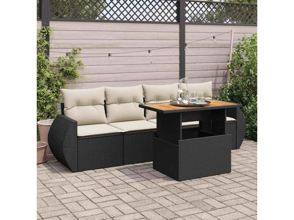 5-piece garden furniture set with cushions, black woven resin URKK57711