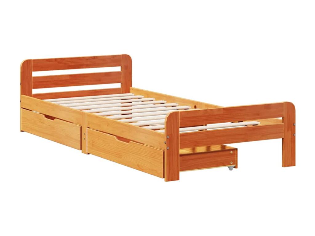 Bed frame without mattress, brown wax finish, 90x200 cm, solid pine wood, KSUO17402