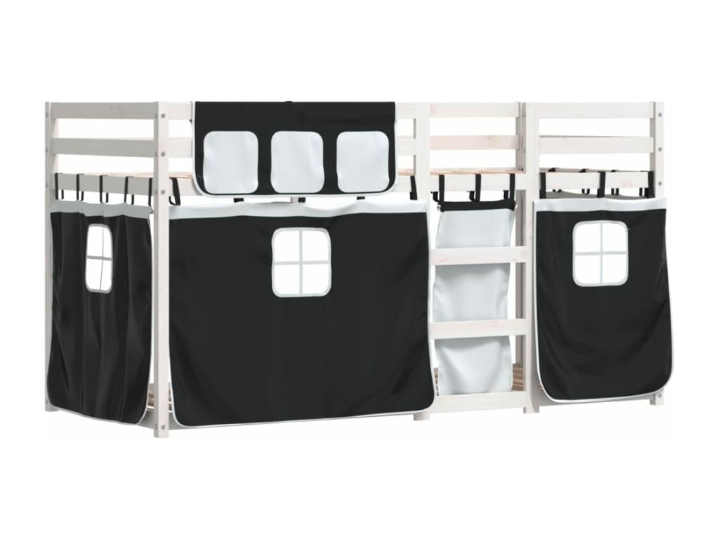 Bunk bed with black and white curtains, 90x190 cm, solid pine wood, BCXE98555