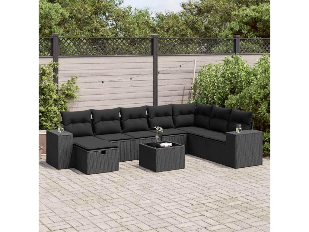 9-piece garden furniture set with cushions, black resin wicker QWCJ68728