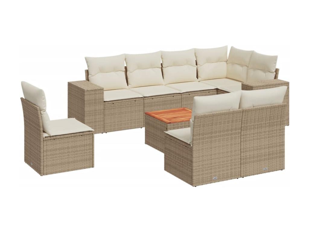 9-piece garden furniture set with cushions, beige wicker resin HIAI93901