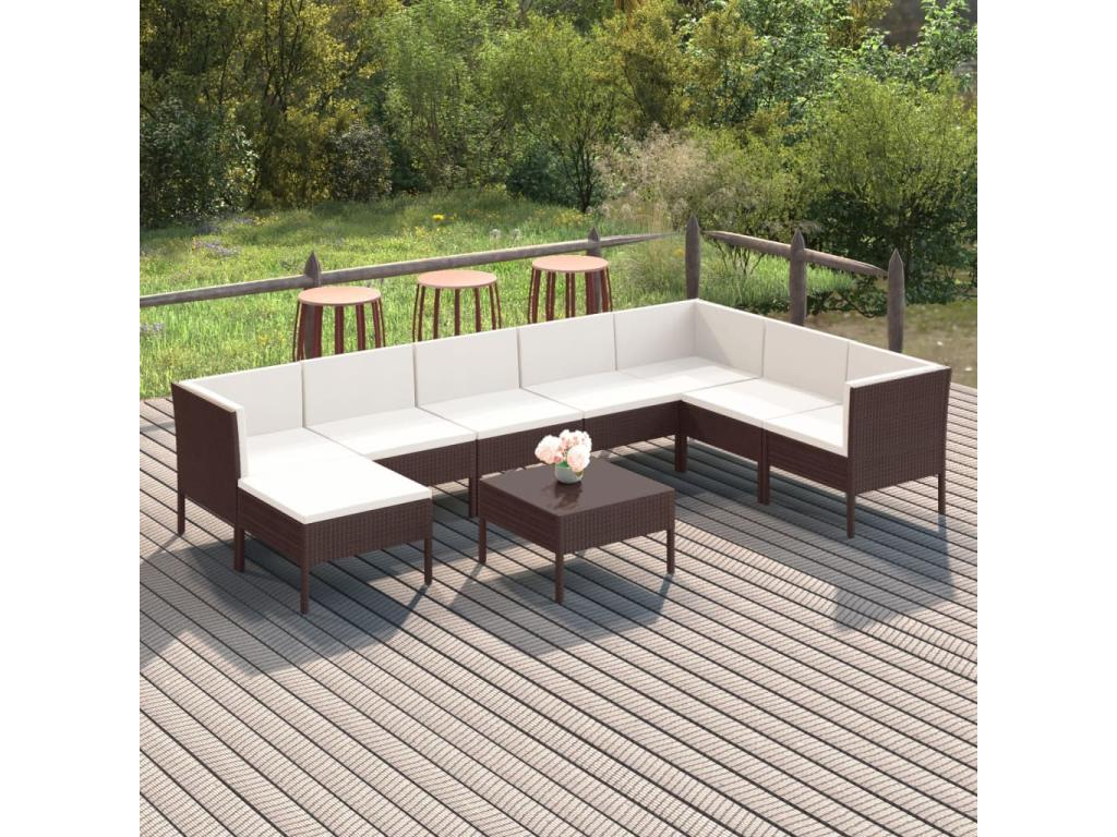 9-piece garden furniture set with cushions, brown wicker resin TQQG51265