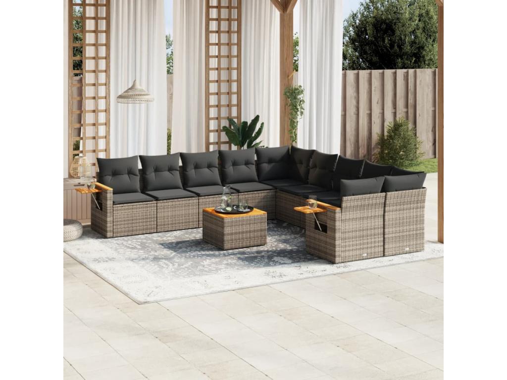 11-piece garden furniture set with grey resin wicker cushions GWFJ13789
