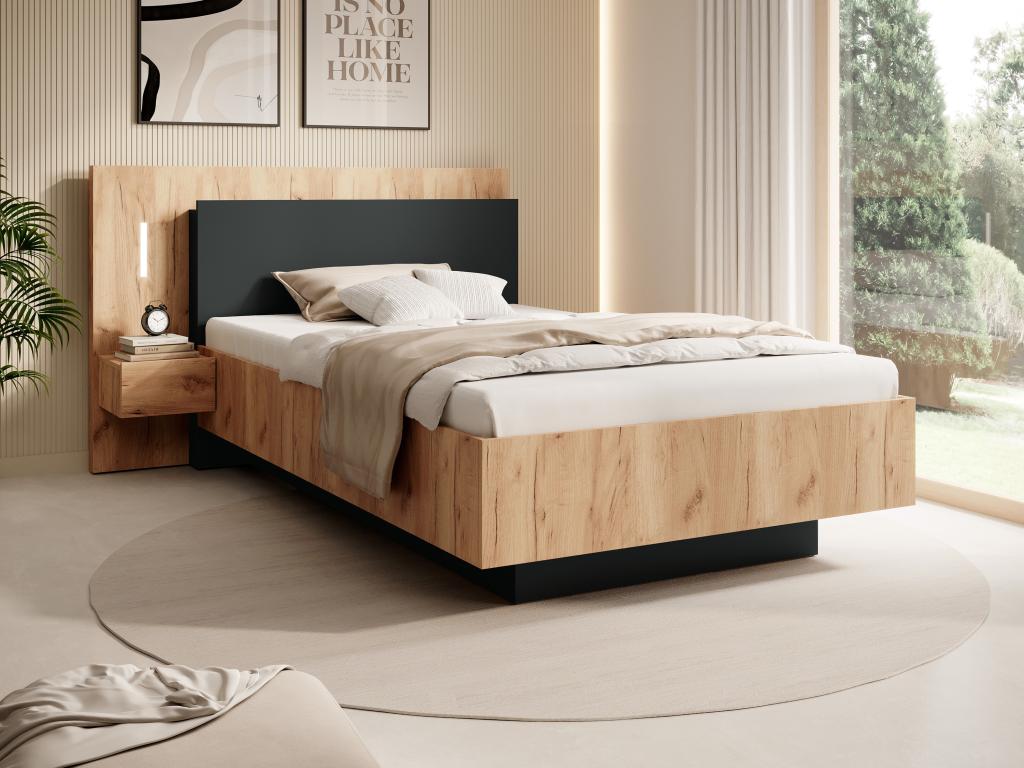 Bed with bedside tables 120x200 cm - 2 drawers - With LEDs - Natural and anthracite color - Luxameub YESN27824