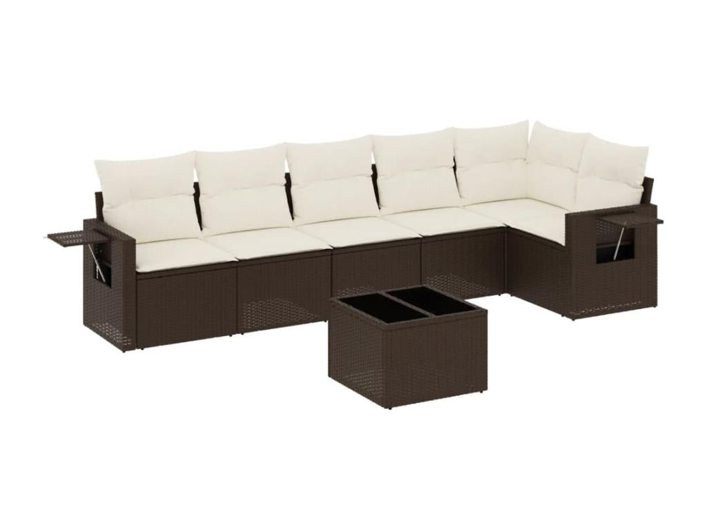 7-piece garden furniture set with cushions, brown woven resin TKSG19548