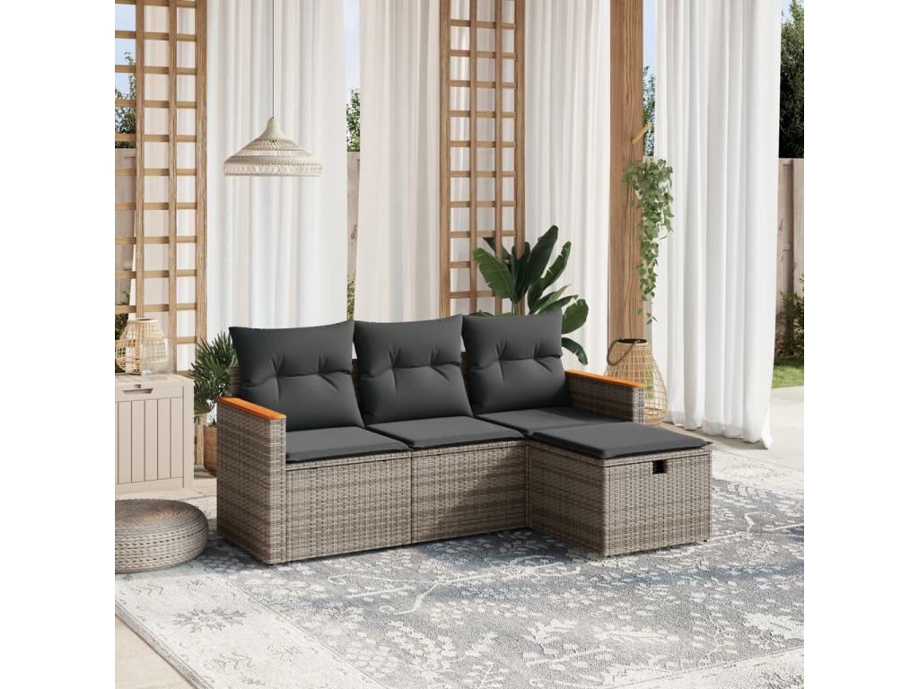 4-piece garden furniture set with grey resin wicker cushions RQHJ68014