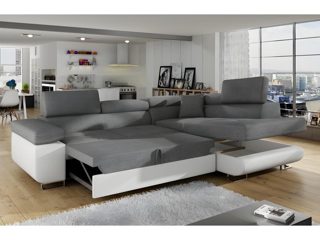 Luxury fabric and faux leather 5-seater corner sofa bed with storage, grey/black, right-hand corner, front view, Cosymeub MIX HGRC50459