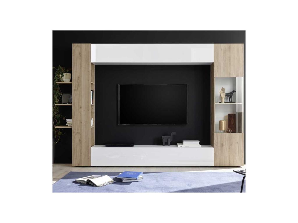 3-Door TV Unit in Glossy White/Natural Oak - Luxameub EEBQ27834