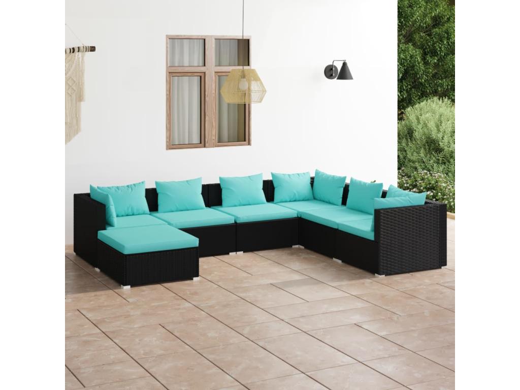 7-piece garden furniture set with cushions, black woven resin WCSX08080