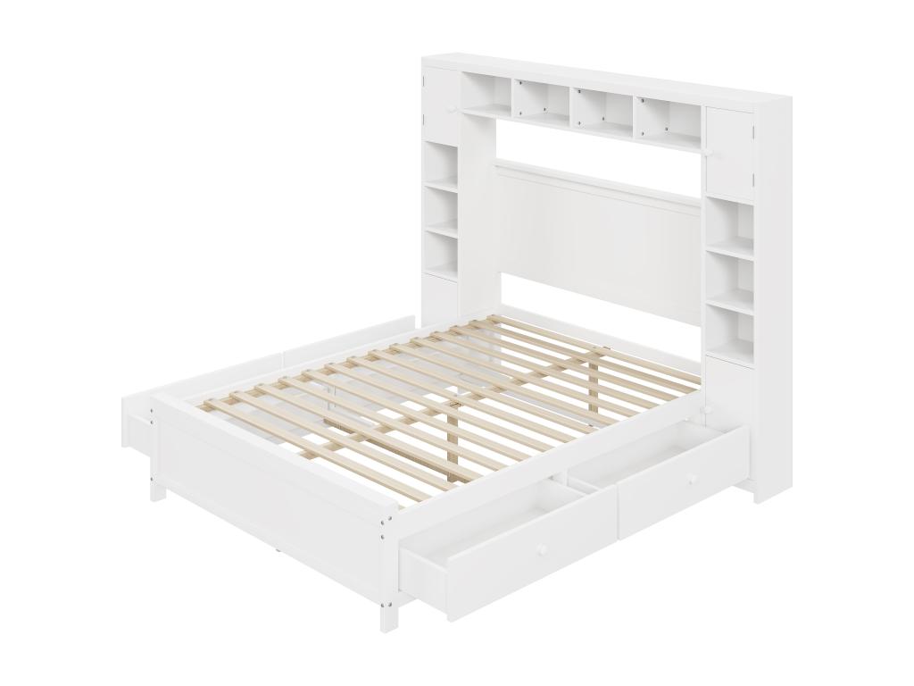 White bed frame 140 x 200 with storage, featuring 4 drawers and a large compartment, solid wood double bed base, SYMI55711