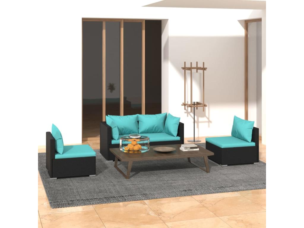 4-piece garden furniture set with cushions, black woven resin, TQEB23950