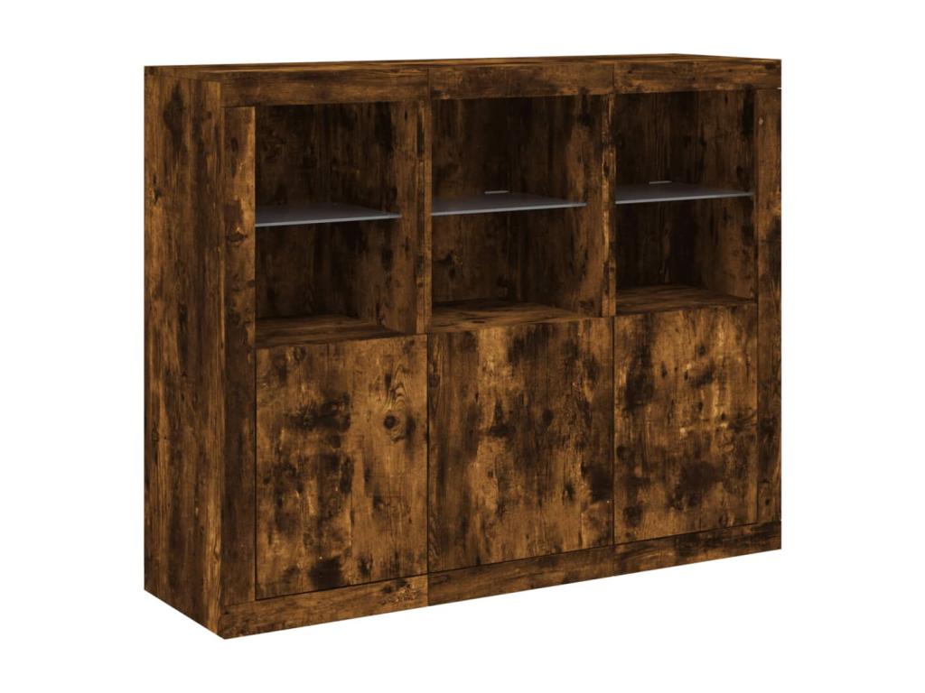 Buffets with Luxa Meubères LED Lighting, 3-Piece Set, Smoked Oak, Engineered Wood AARU75855