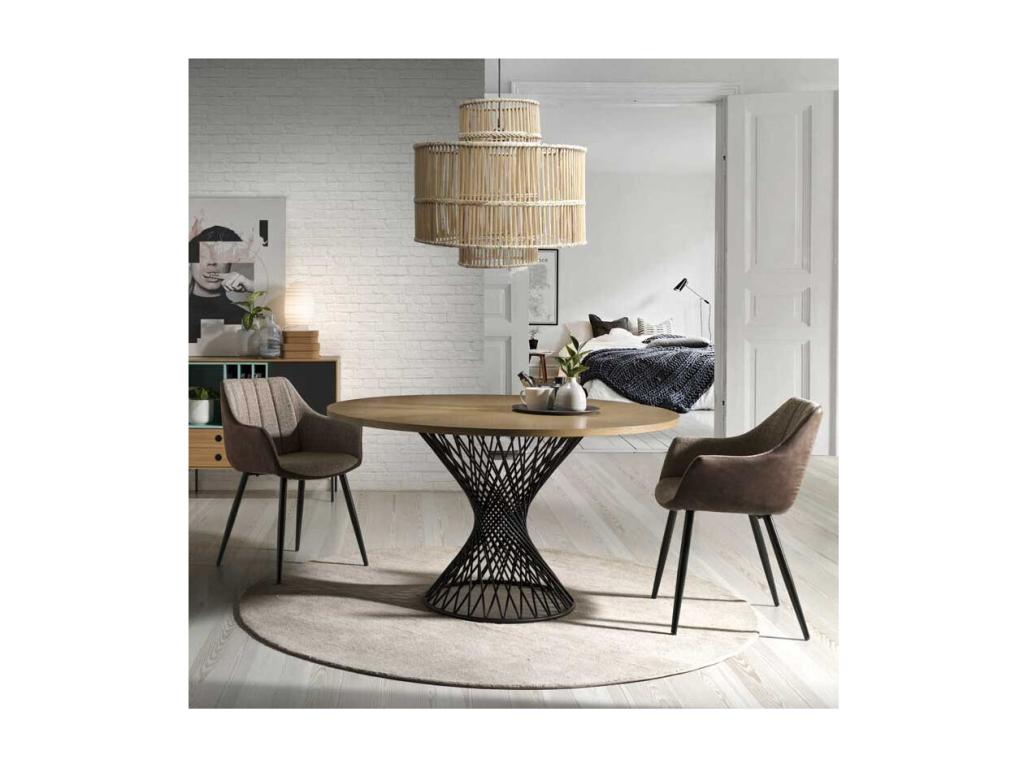 Round Dining Table Oak/Black Metal - Luxameub IYSK07572