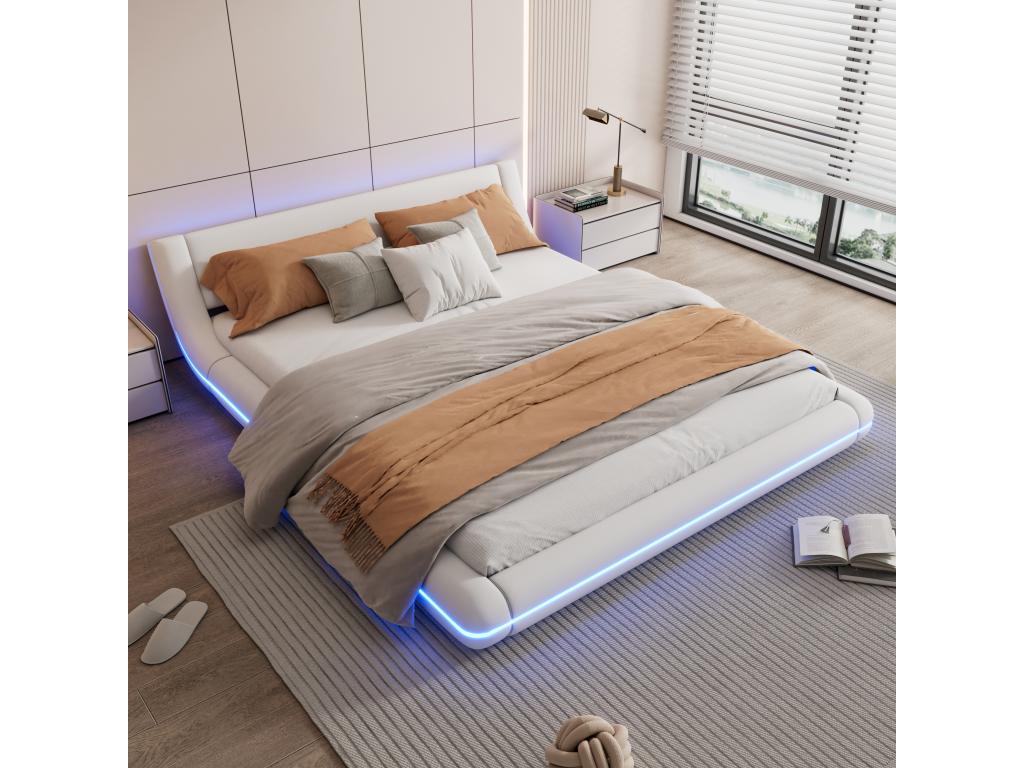 Double bed 160x200 cm - Floor bed - PU leather - Ambient lighting with LEDs and remote control - White WKPT30576