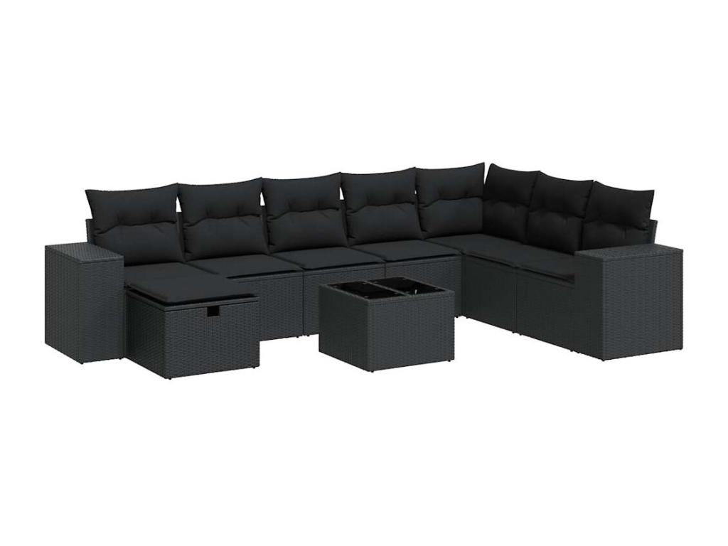 9-piece garden furniture set with cushions, black resin wicker QWCJ68728