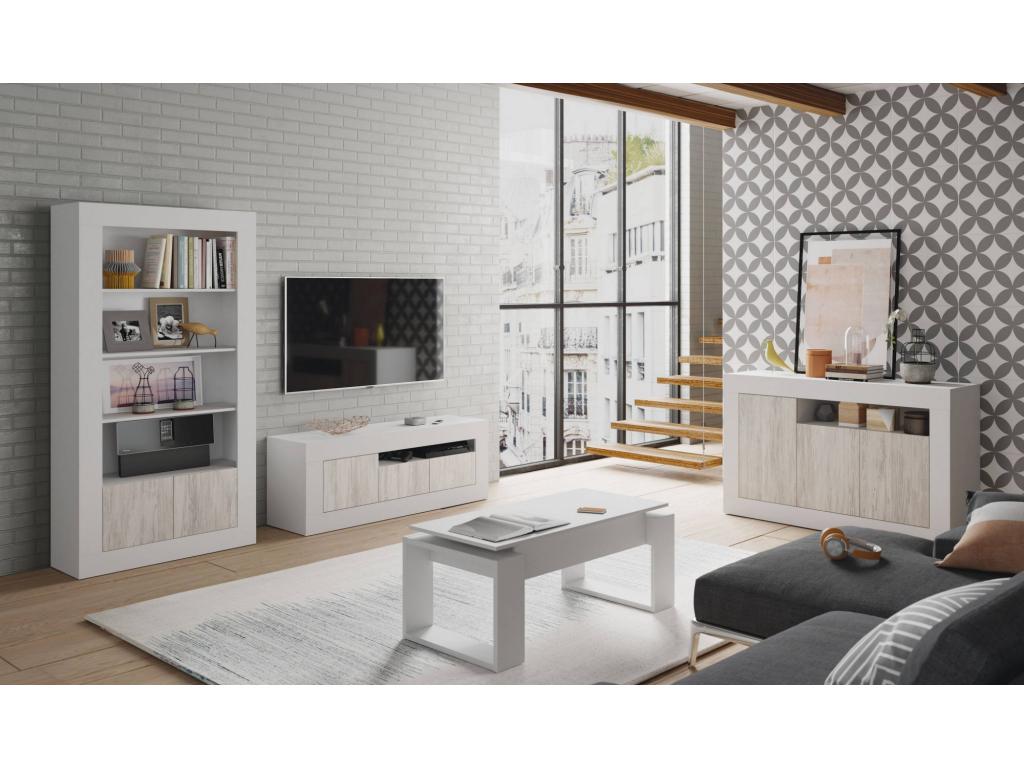 Luxameub TV Stand, Living Room TV Cabinet, 2 Doors, 139x42h53 cm, Oak and White, AKEF82553