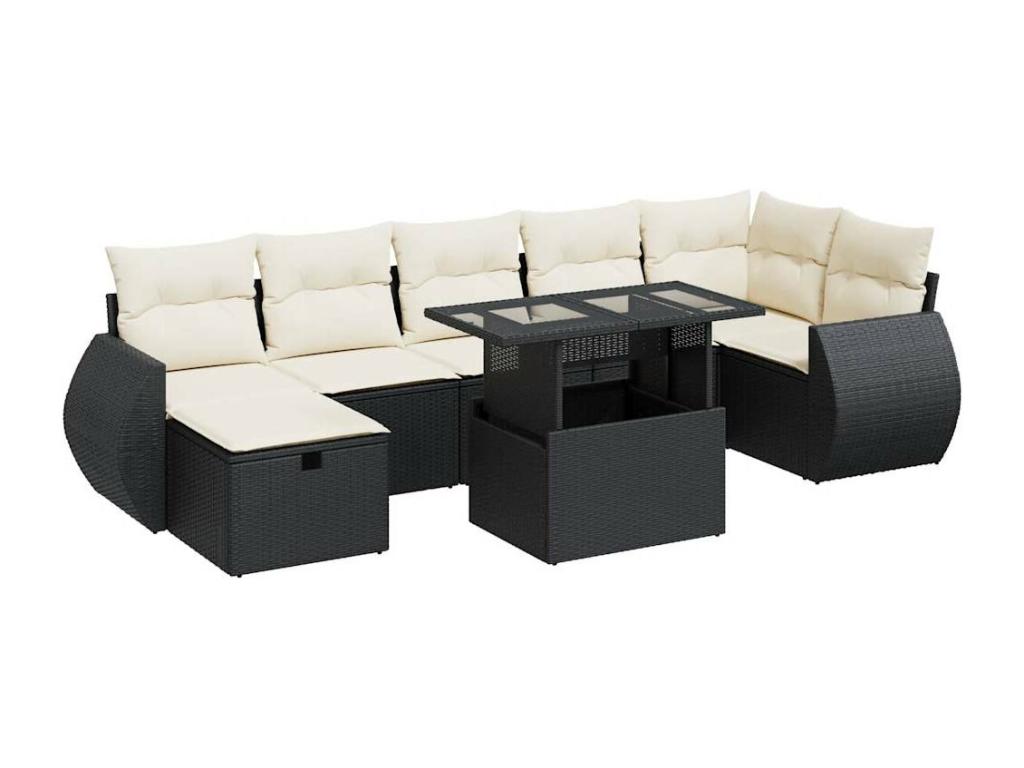 8-piece garden furniture set with cushions, black woven resin HKKE66943