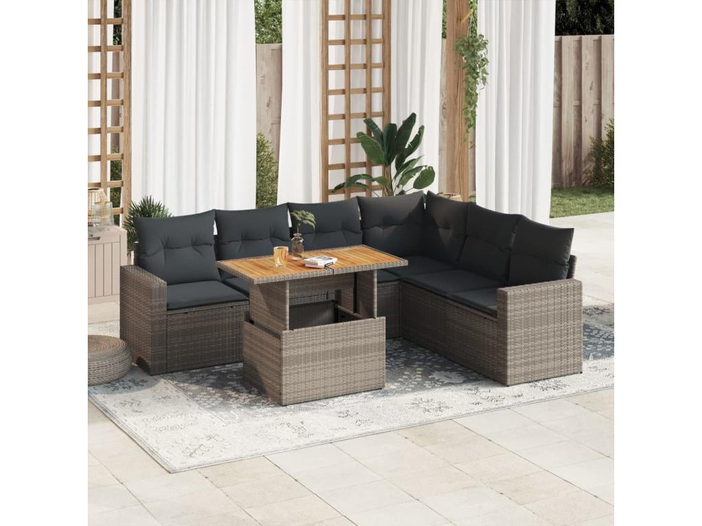 7-piece garden furniture set with cushions, grey woven resin QLPM35692