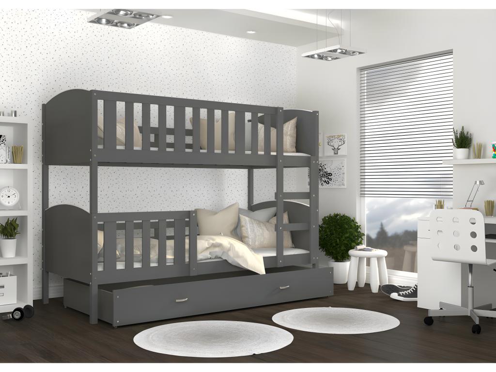 Luxameub Bunk Bed 90x190 Grey - grey. Comes with slatted bed bases, drawers, and 7cm foam mattresses. BDIA87021