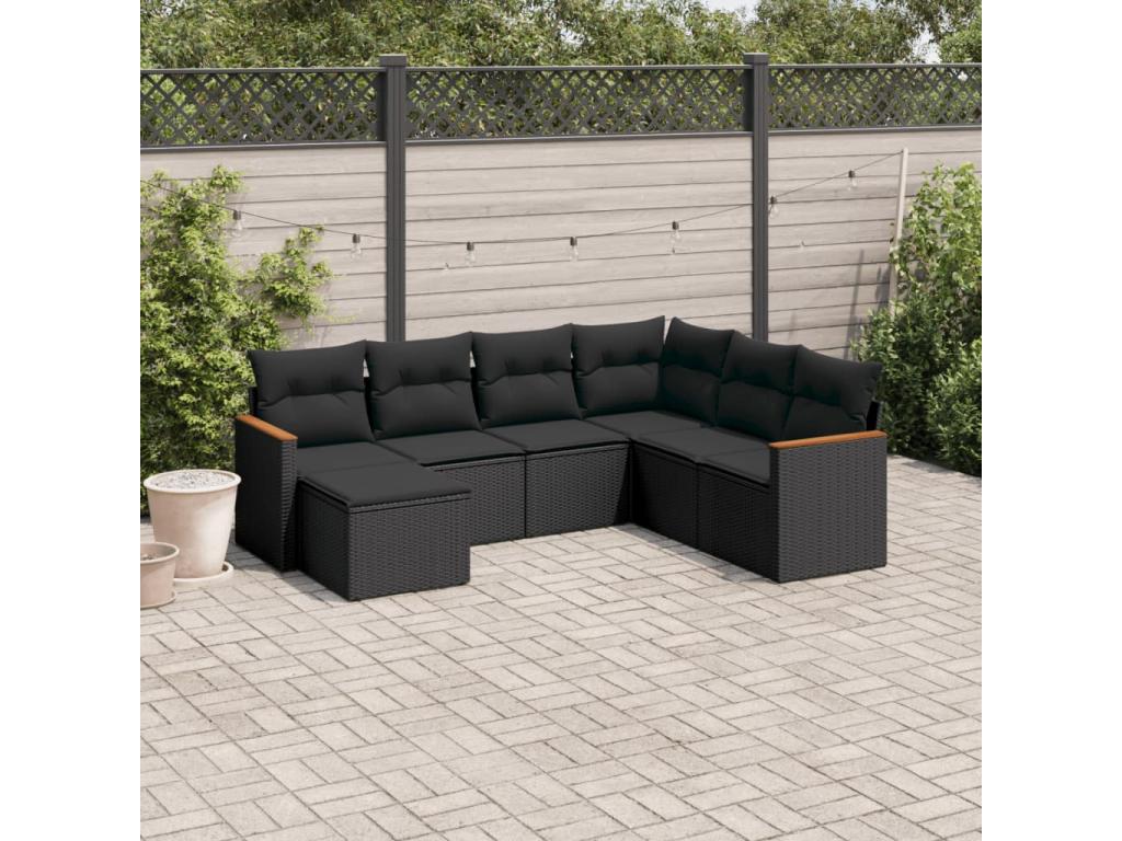 7-piece garden furniture set with cushions, black woven resin HPYR09600