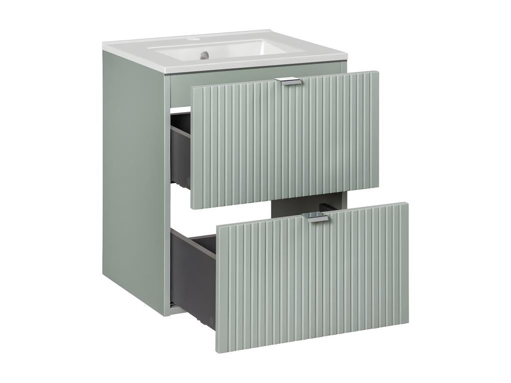 Luxameub Green and Wood LZVN19012 Single Vanity Unit with Built-in Sink, 50cm, 2 Drawers and Tall Cabinet