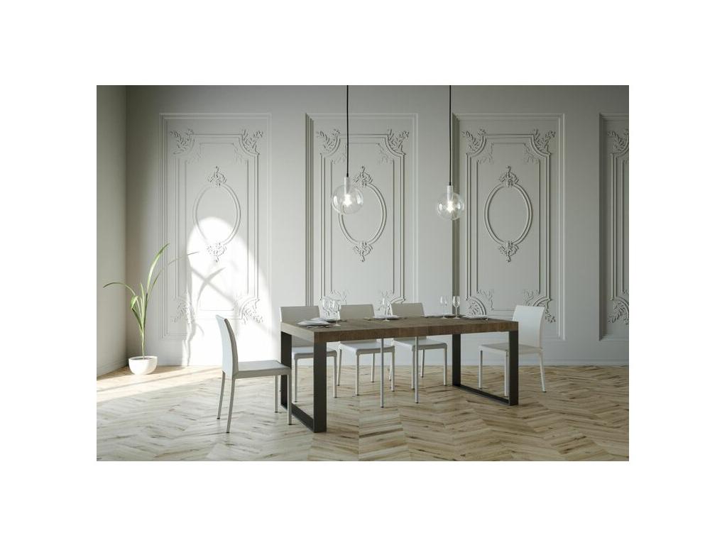 PINPAI extendable console table in wood with 2 anthracite steel legs, 90x40-196 or 90x40-300 cm, brown, with 4-leg support and 3 thick extensions, SOZJ12548