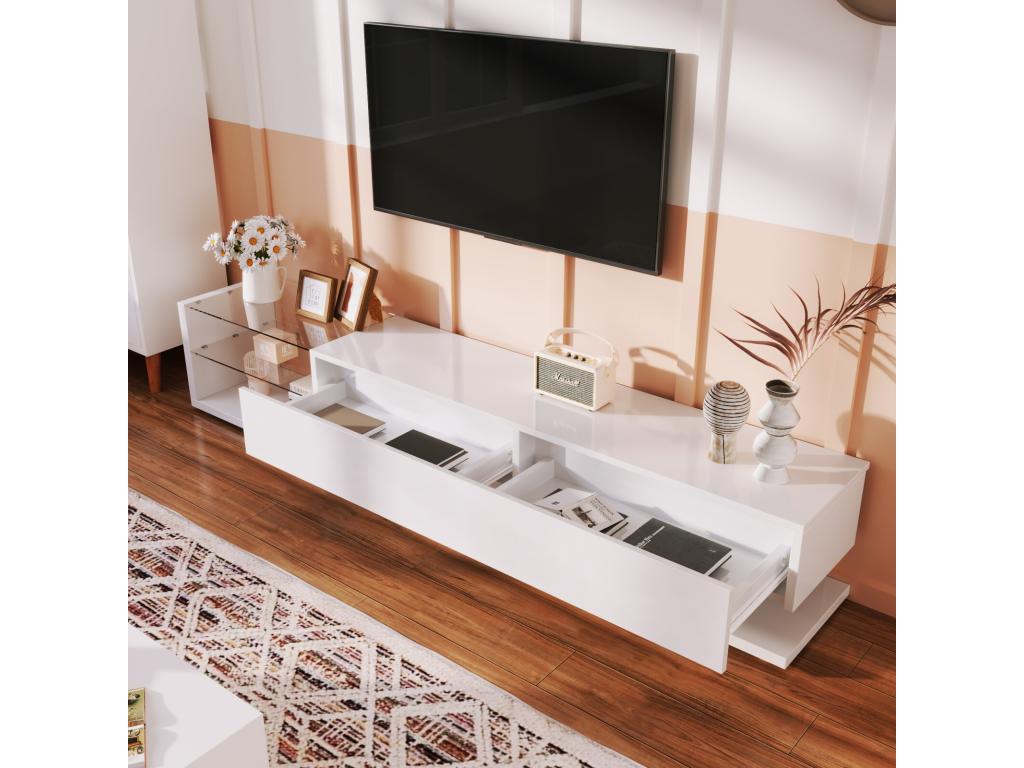 TV stand with 2 drawers and 2 glass shelves, lower panels with dimmable LED lighting, PINPAI load capacity 50kg, 170x36x38cm, White PNVV62608