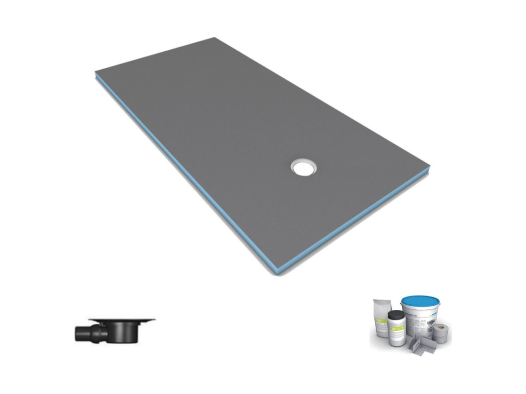 Luxameub Primo rectangular 160x100 shower tray for tiling, with offset drain and horizontal Luxameub waterproofing kit HFGM53170
