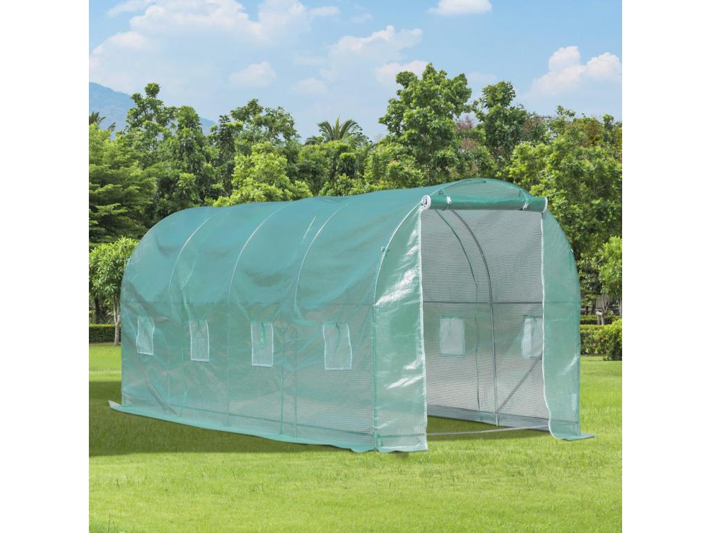Tunnel greenhouse, 10 m² floor area, 5L x 2W x 2.10H m, reinforced tubular frame, zipped door, 8 roll-up windows, green GTNH83401