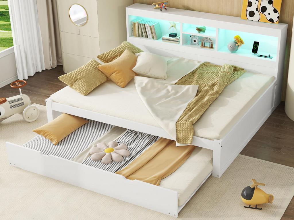 Daybed 140x200cm with a pull-out bed 90x190cm - storage bedside table with LED and sockets - White PDFY20384