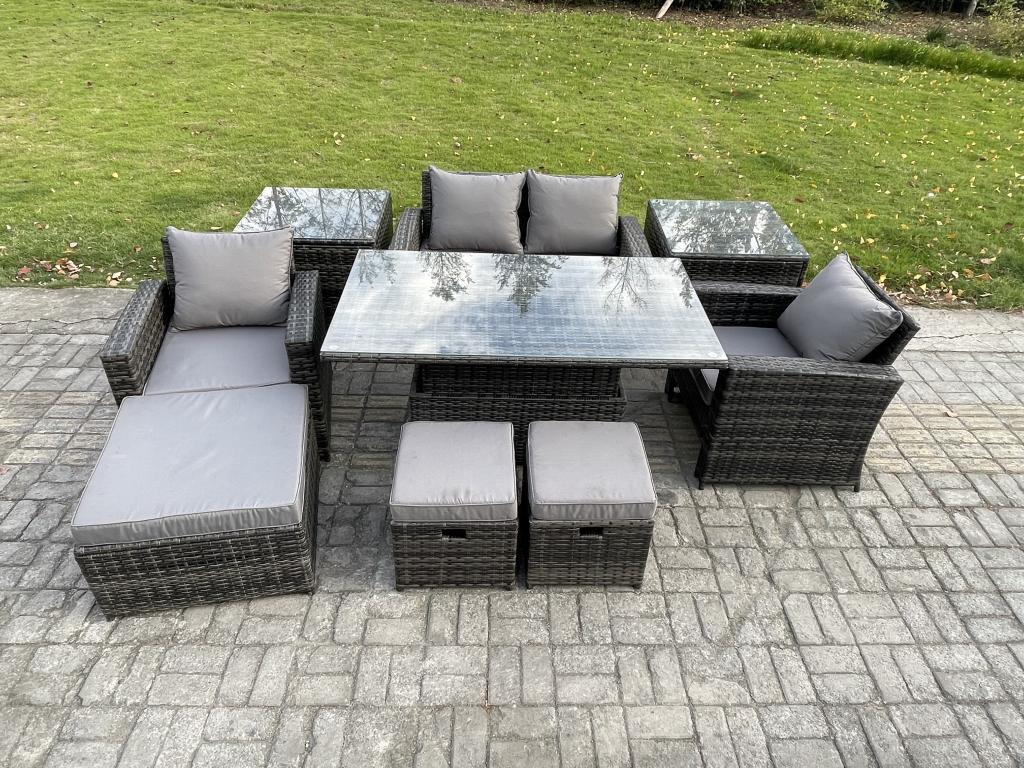 Rattan garden furniture set with 2 lifting tables, 3 side tables, and 3 stools, dark grey BDDQ35838
