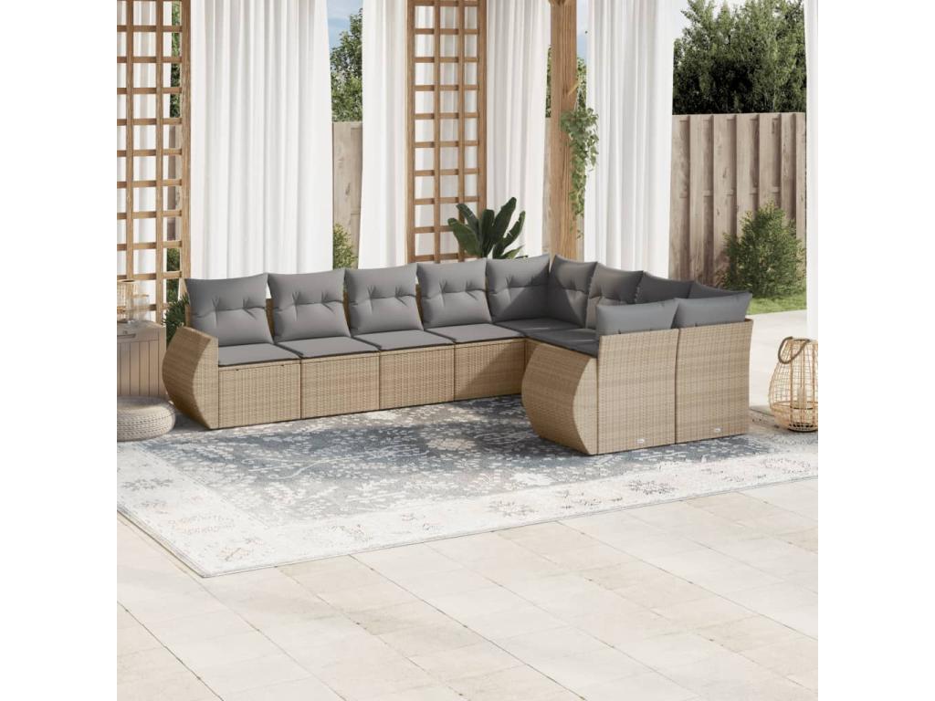9-piece garden furniture set with cushions, beige woven resin FJTH53495