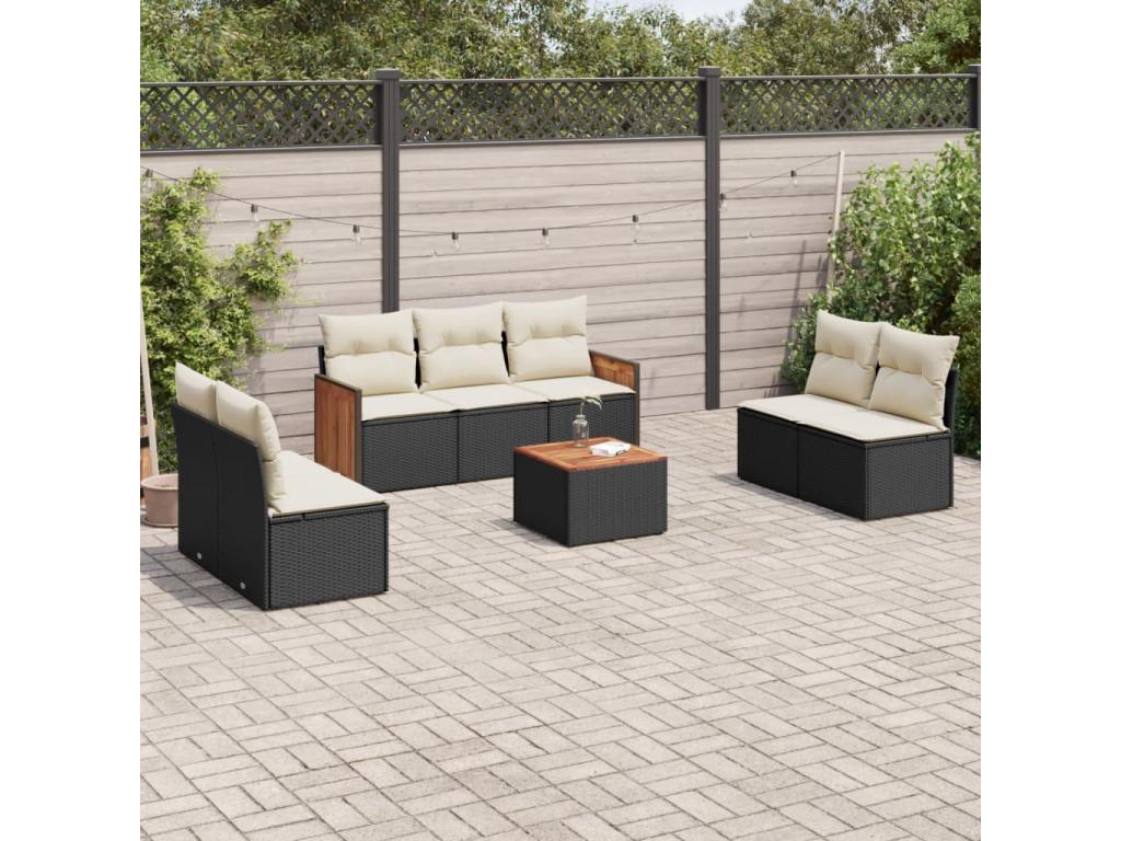 8-piece garden furniture set with cushions, black woven resin OJVL10175
